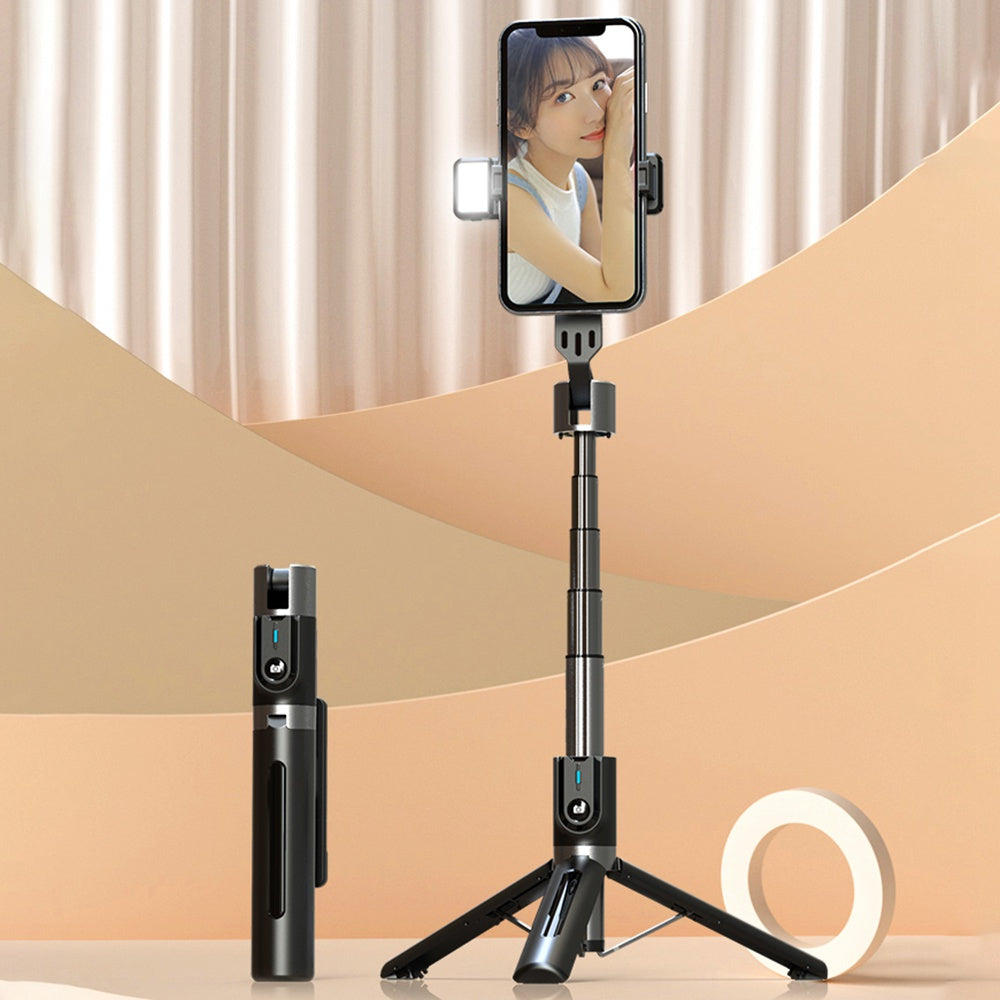 P96D Thickened Stable 1.1m Extendable Rod Selfie Stick Bluetooth Remote Control Tripod with Single Fill Light - Black