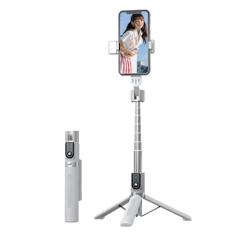 P96D Thickened Stable 1.1m Extendable Rod Selfie Stick Bluetooth Remote Control Tripod with Single Fill Light - White
