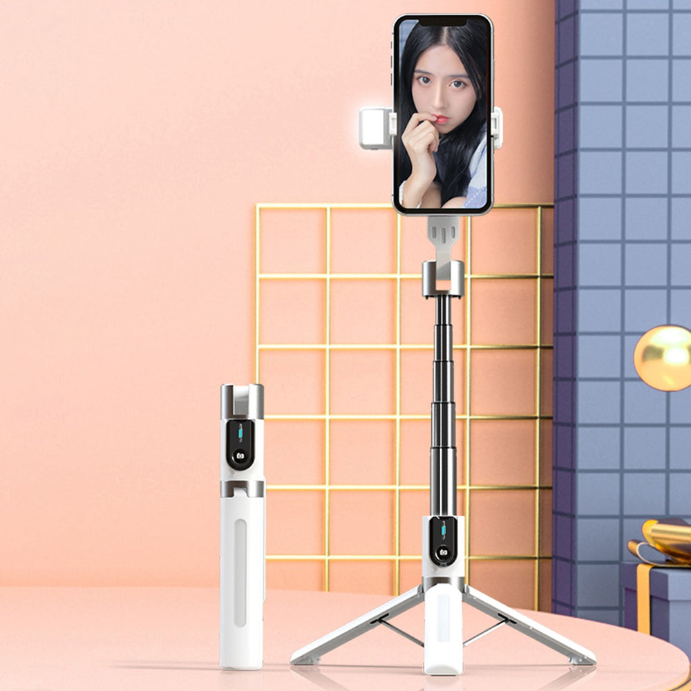 P96D Thickened Stable 1.1m Extendable Rod Selfie Stick Bluetooth Remote Control Tripod with Single Fill Light - White