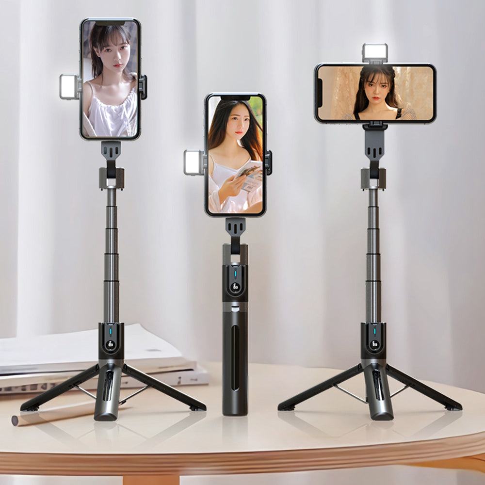 P96D Thickened Stable 1.1m Extendable Rod Selfie Stick Bluetooth Remote Control Tripod with Single Fill Light - White