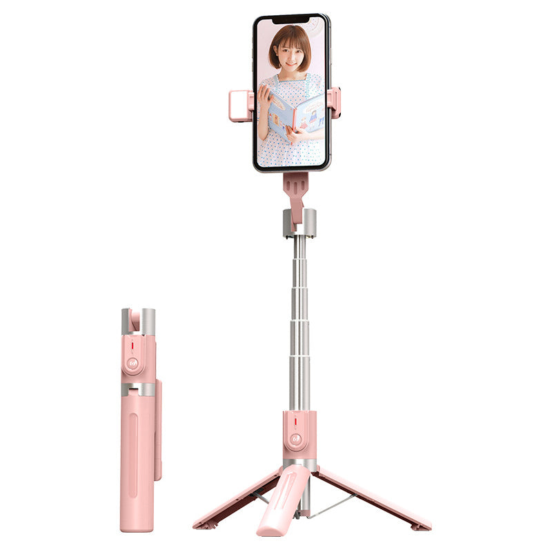 P96D Thickened Stable 1.1m Extendable Rod Selfie Stick Bluetooth Remote Control Tripod with Single Fill Light - Pink