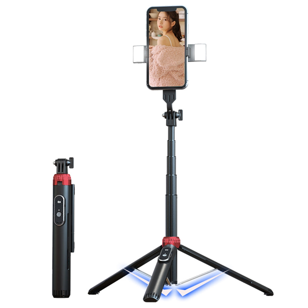 P160D-2 1.6m Extendable Selfie Stick Stable Tripod Stand with Dual Fill Lights and Wireless Bluetooth Remote Control - Black