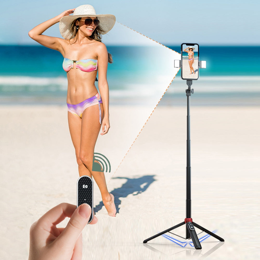 P160D-2 1.6m Extendable Selfie Stick Stable Tripod Stand with Dual Fill Lights and Wireless Bluetooth Remote Control - Black