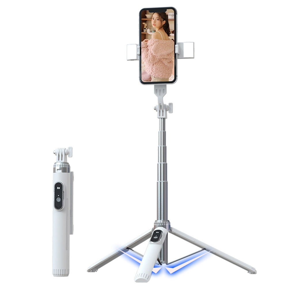 P160D-2 1.6m Extendable Selfie Stick Stable Tripod Stand with Dual Fill Lights and Wireless Bluetooth Remote Control - White