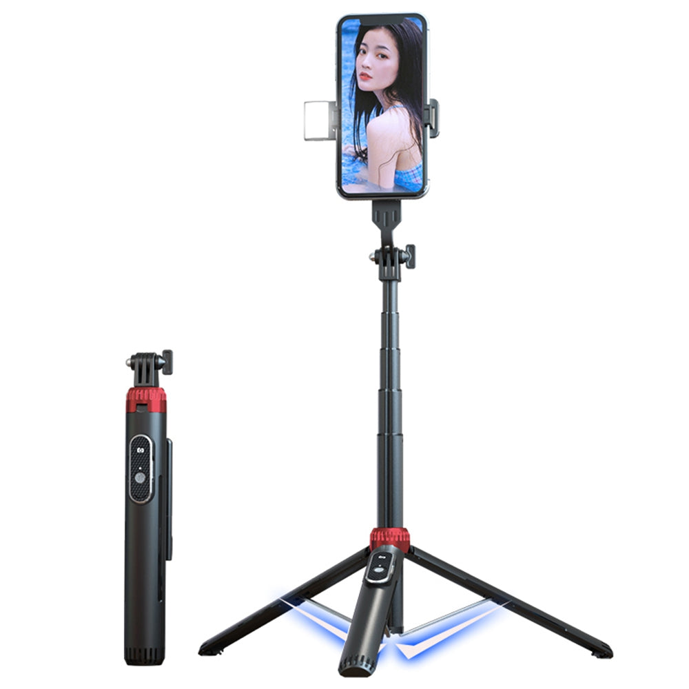 P160D 1.6m Extendable Selfie Stick Camera Tripod Stand with Single Fill Light and Wireless Bluetooth Remote Control - Black
