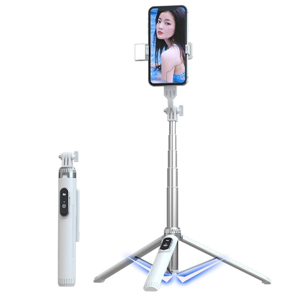 P160D 1.6m Extendable Selfie Stick Camera Tripod Stand with Single Fill Light and Wireless Bluetooth Remote Control - White