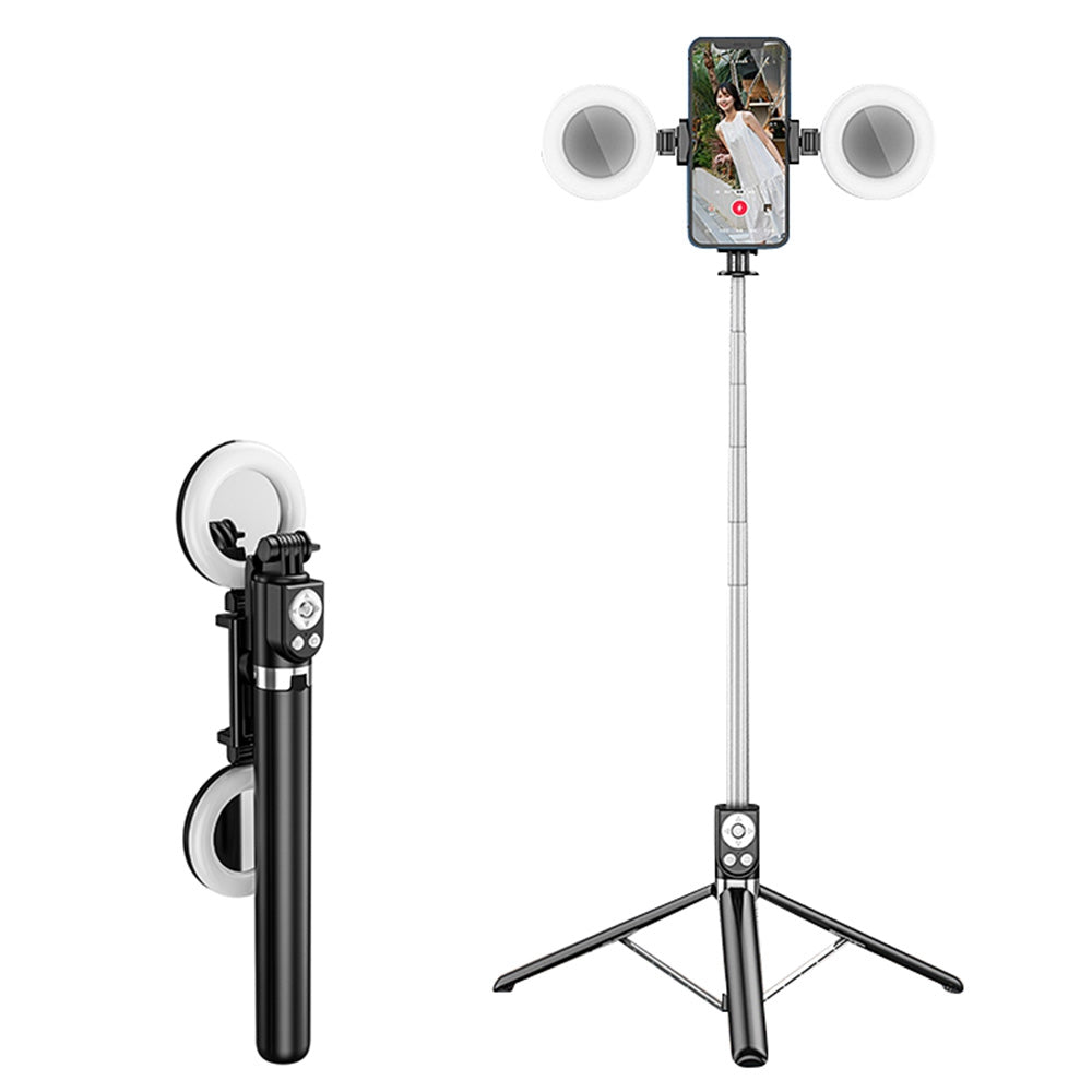 R17DS 1.75m Portable Bluetooth Selfie Stick Retractable Tripod Phone Stand with Dual Fill Lights 360-Degree Rotating Photography Live Streaming Devices - Black