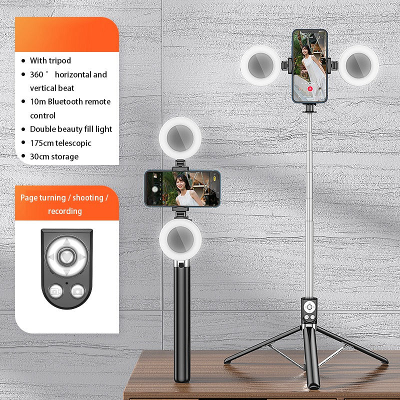 R17DS 1.75m Portable Bluetooth Selfie Stick Retractable Tripod Phone Stand with Dual Fill Lights 360-Degree Rotating Photography Live Streaming Devices - Black