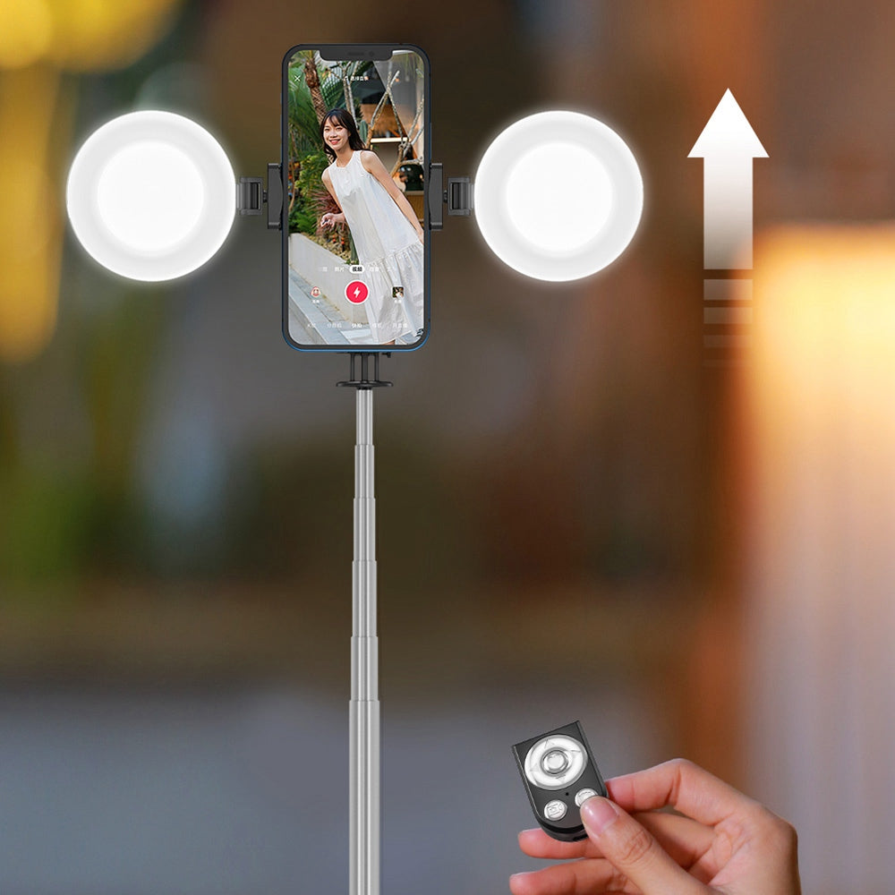 R17DS 1.75m Portable Bluetooth Selfie Stick Retractable Tripod Phone Stand with Dual Fill Lights 360-Degree Rotating Photography Live Streaming Devices - Black