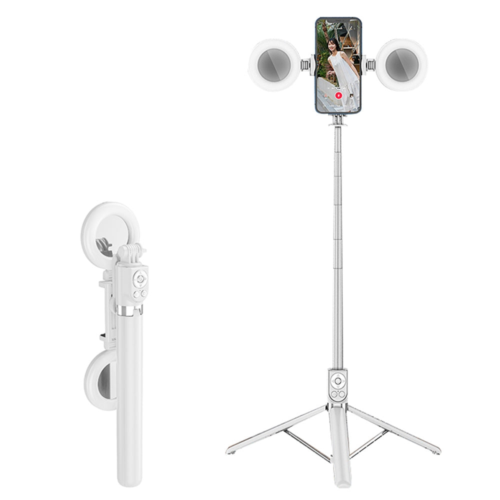 R17DS 1.75m Portable Bluetooth Selfie Stick Retractable Tripod Phone Stand with Dual Fill Lights 360-Degree Rotating Photography Live Streaming Devices - White