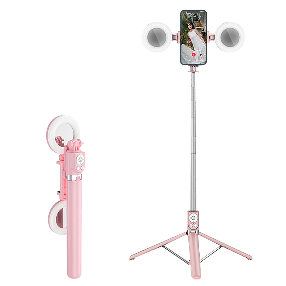 R17DS 1.75m Portable Bluetooth Selfie Stick Retractable Tripod Phone Stand with Dual Fill Lights 360-Degree Rotating Photography Live Streaming Devices - Pink