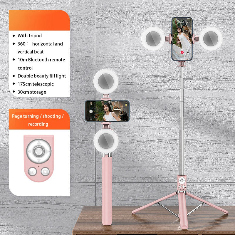 R17DS 1.75m Portable Bluetooth Selfie Stick Retractable Tripod Phone Stand with Dual Fill Lights 360-Degree Rotating Photography Live Streaming Devices - Pink