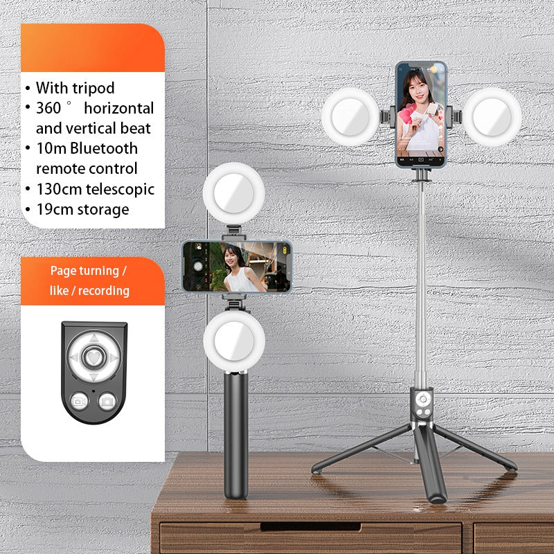 R13DS 1.3m Extendable Selfie Stick Wireless Bluetooth Remote Control Portable Tripod Stand with Fill Light and Mirror - Black