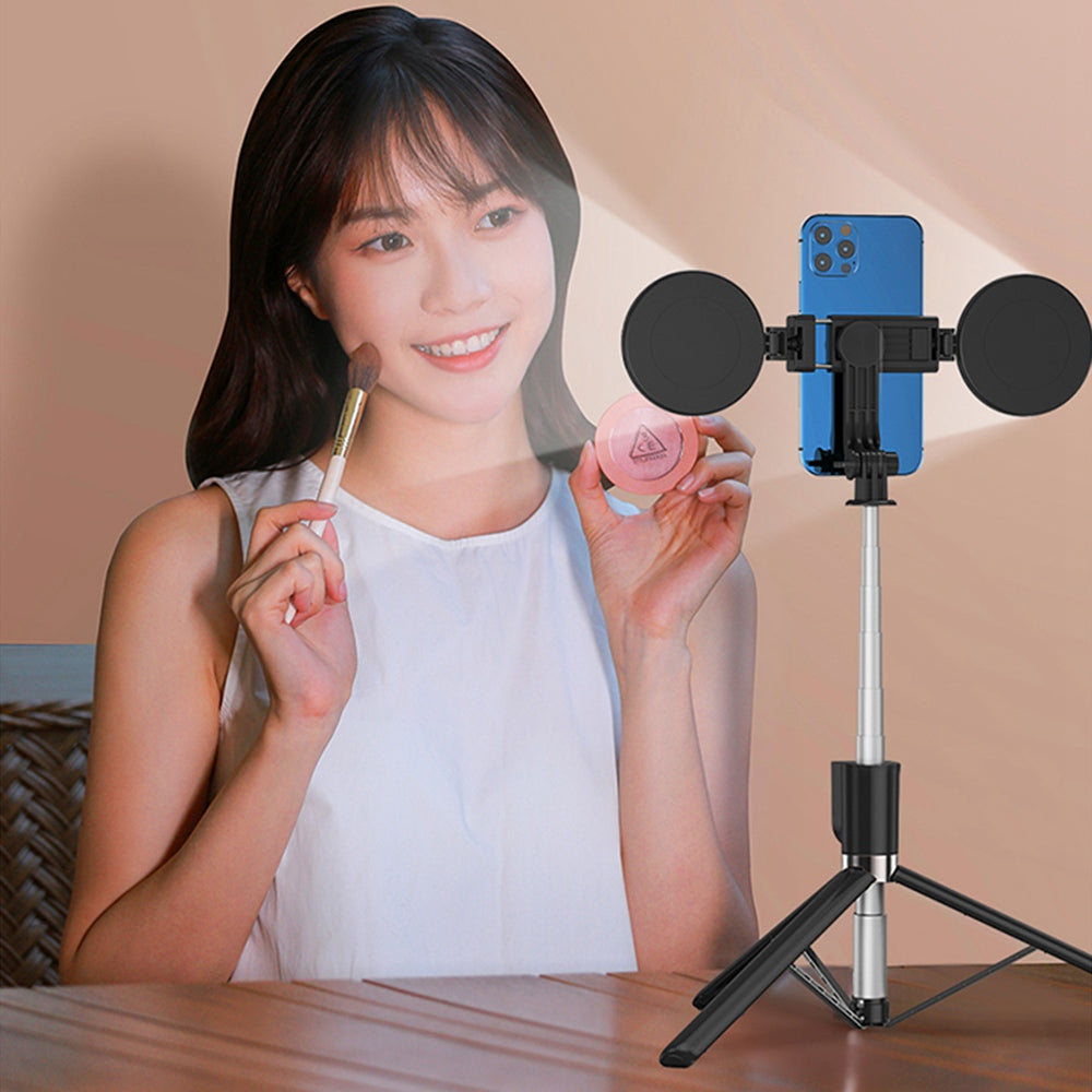 R13DS 1.3m Extendable Selfie Stick Wireless Bluetooth Remote Control Portable Tripod Stand with Fill Light and Mirror - Black