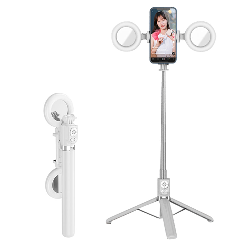R13DS 1.3m Extendable Selfie Stick Wireless Bluetooth Remote Control Portable Tripod Stand with Fill Light and Mirror - White
