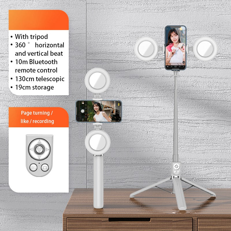 R13DS 1.3m Extendable Selfie Stick Wireless Bluetooth Remote Control Portable Tripod Stand with Fill Light and Mirror - White