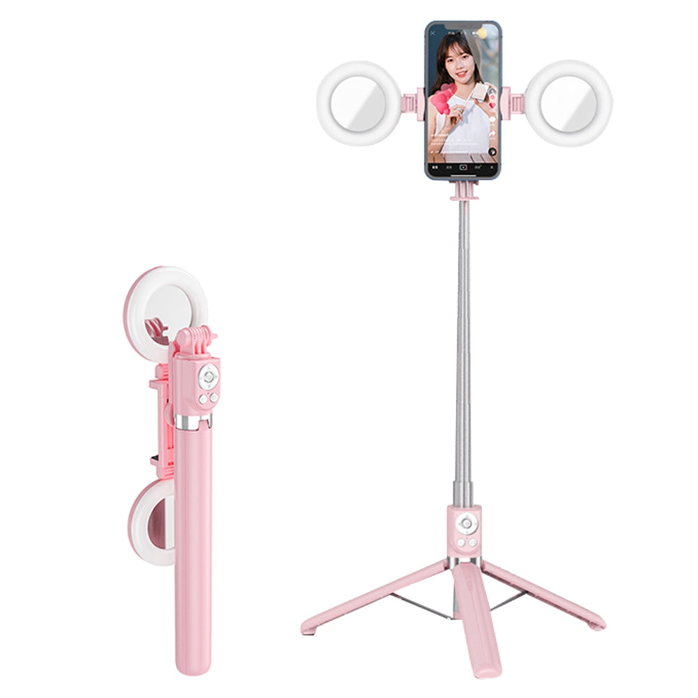 R13DS 1.3m Extendable Selfie Stick Wireless Bluetooth Remote Control Portable Tripod Stand with Fill Light and Mirror - Pink