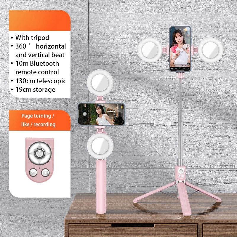 R13DS 1.3m Extendable Selfie Stick Wireless Bluetooth Remote Control Portable Tripod Stand with Fill Light and Mirror - Pink