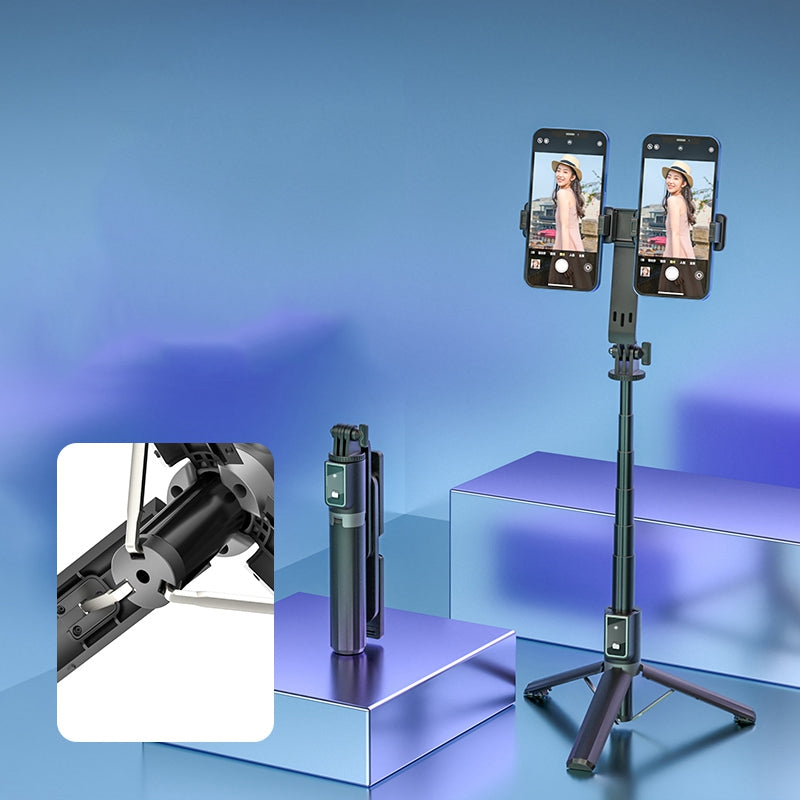 P40L Aluminum Alloy Telescopic Tripod Stand Bluetooth Remote Control Selfie Stick with Double Phone Holder (No Fill Light)