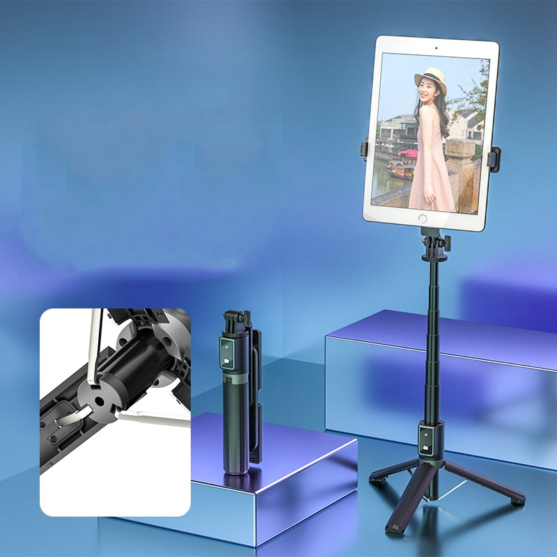 P40L Aluminum Alloy Telescopic Tripod Stand Bluetooth Remote Control Selfie Stick with Double Phone Holder (No Fill Light)