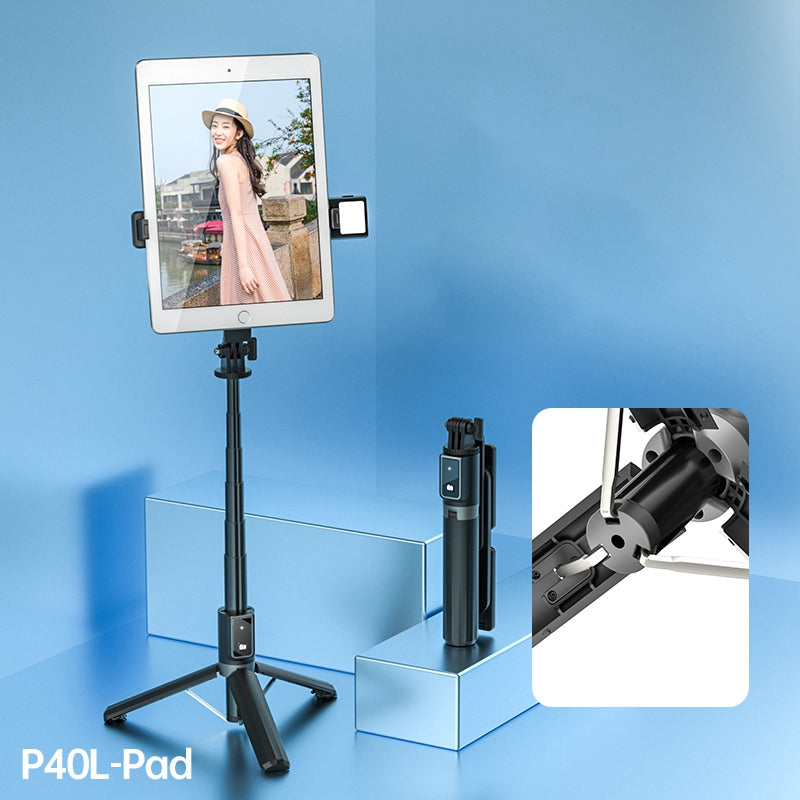 P40L-V1 2-in-1 Telescopic Tripod Stand Bluetooth Remote Control Selfie Stick with Double Phone Holder (Single Fill Light)