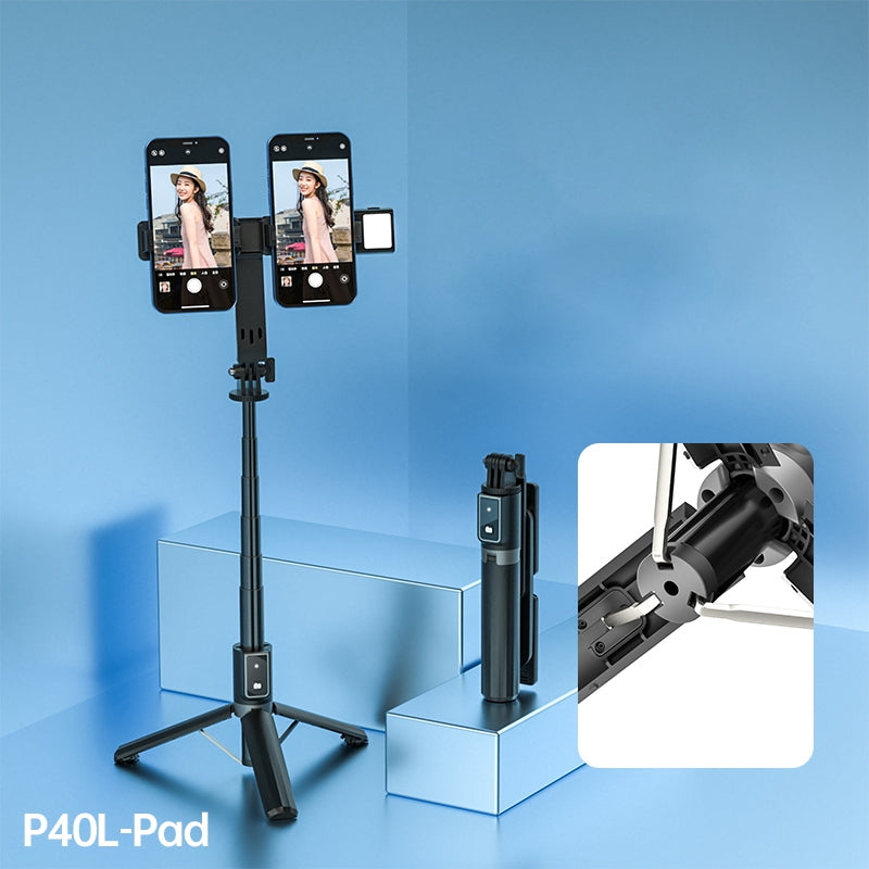 P40L-V1 2-in-1 Telescopic Tripod Stand Bluetooth Remote Control Selfie Stick with Double Phone Holder (Single Fill Light)