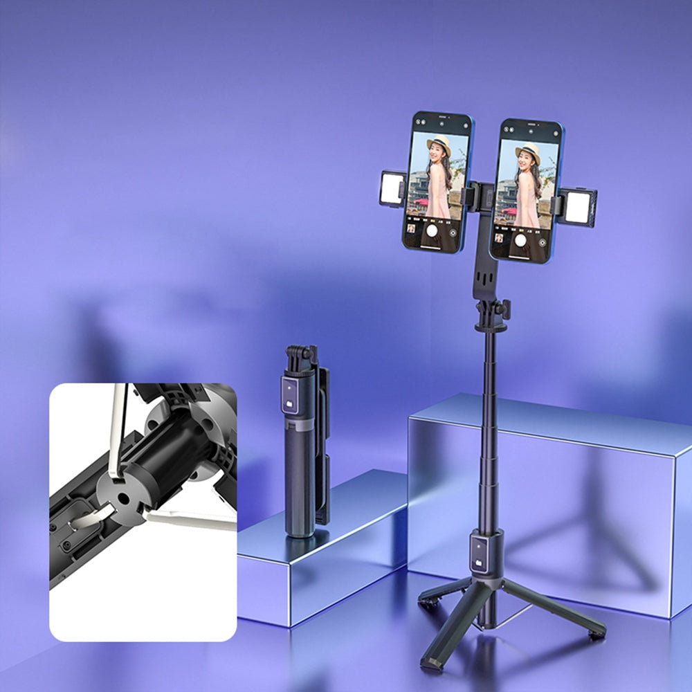 P40L-V2 Bluetooth Remote Control Selfie Stick with Double Phone Holder Telescopic Tripod Stand (Double Fill Light)