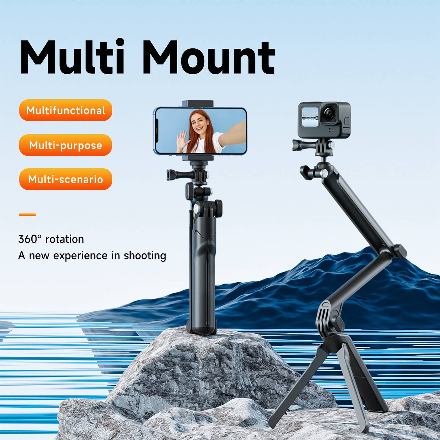 TELESIN TE-TRP-009 Multi-functional Tri-fold Selfie Stick 360-Degree Rotating Tripod Phone Holder with Camera 3-Jaw Adapter for Action Camera, Mobile Phones