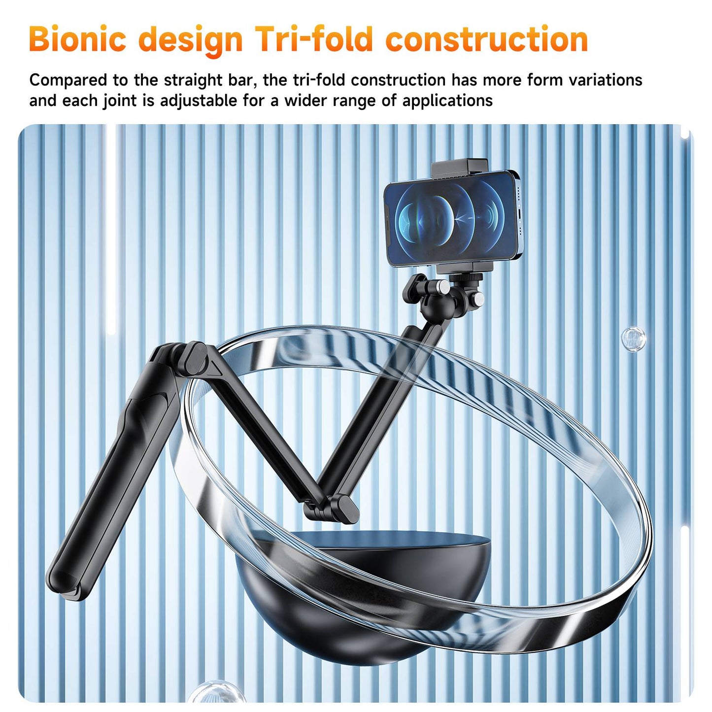 TELESIN TE-TRP-009 Multi-functional Tri-fold Selfie Stick 360-Degree Rotating Tripod Phone Holder with Camera 3-Jaw Adapter for Action Camera, Mobile Phones