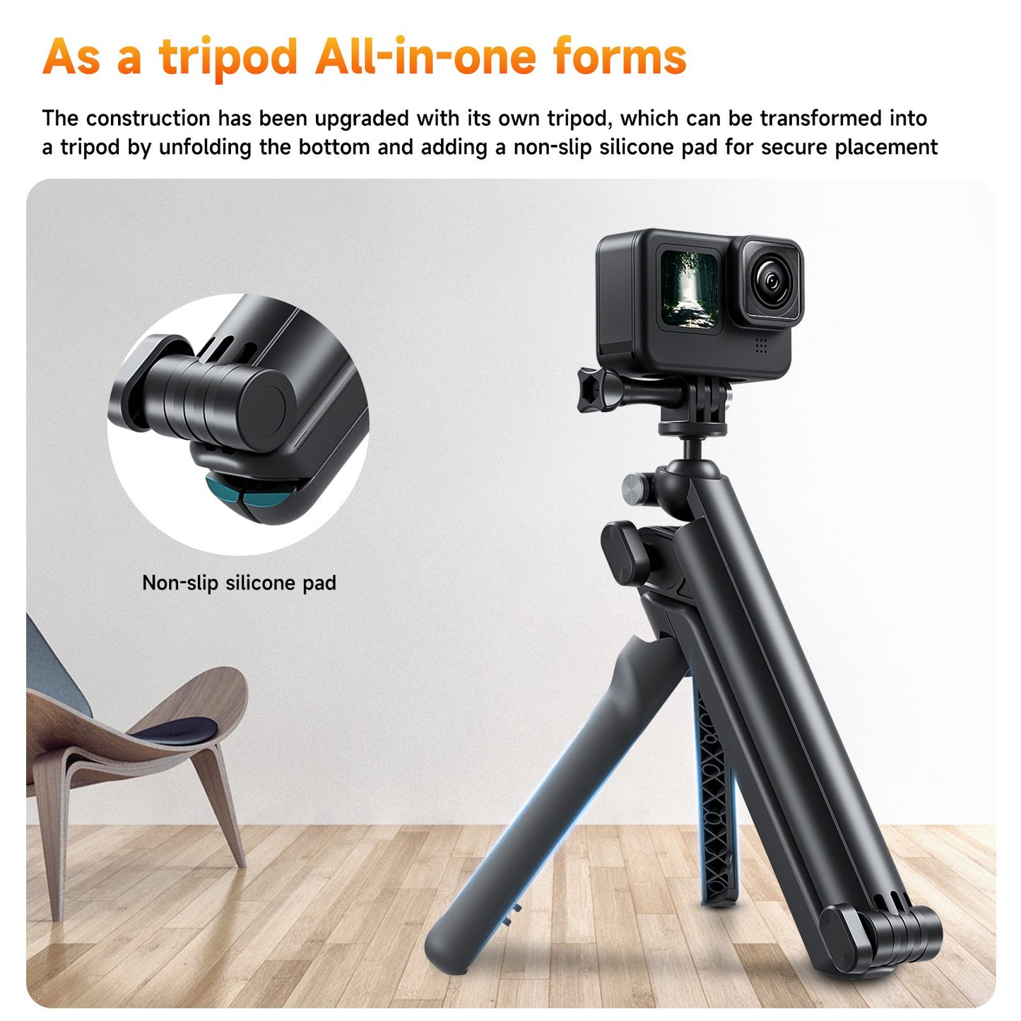 TELESIN TE-TRP-009 Multi-functional Tri-fold Selfie Stick 360-Degree Rotating Tripod Phone Holder with Camera 3-Jaw Adapter for Action Camera, Mobile Phones