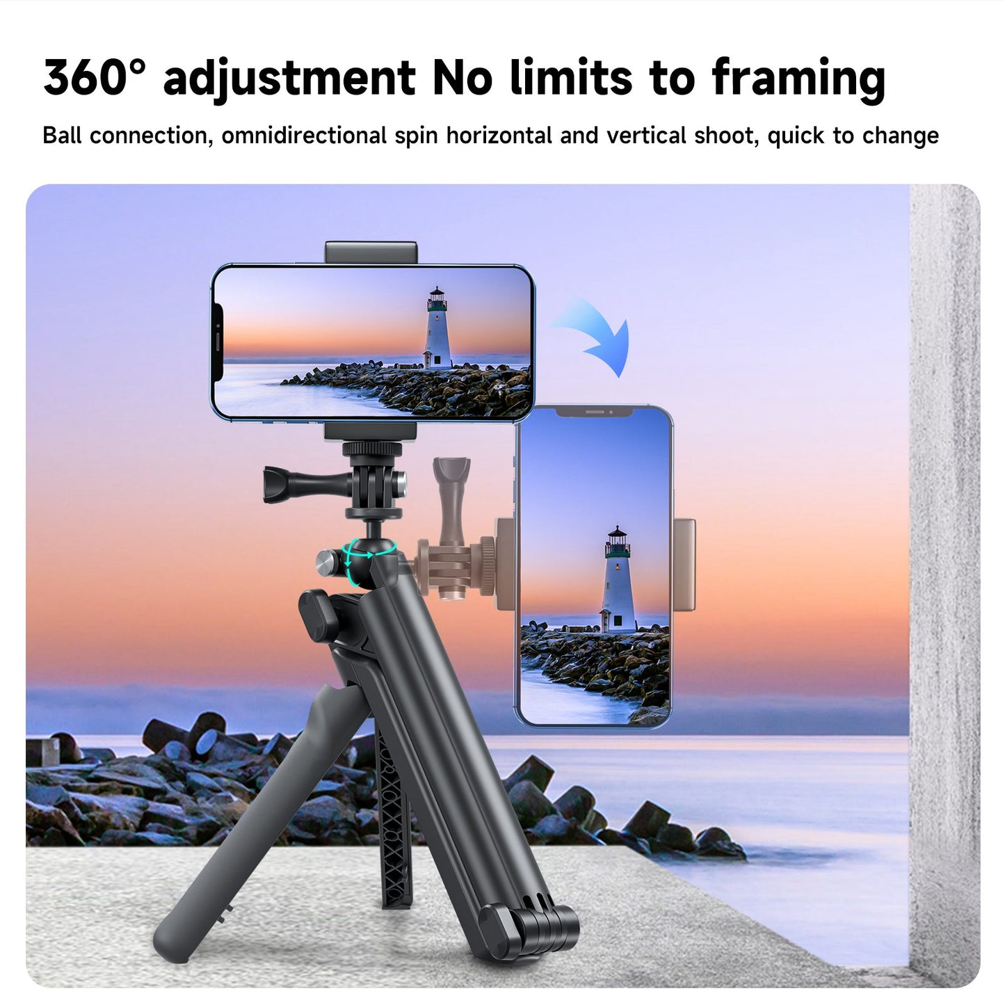 TELESIN TE-TRP-009 Multi-functional Tri-fold Selfie Stick 360-Degree Rotating Tripod Phone Holder with Camera 3-Jaw Adapter for Action Camera, Mobile Phones