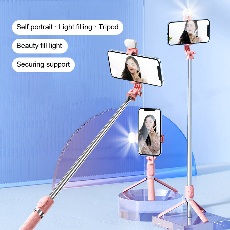 Z8S 103cm 2 in 1 Telescopic Wireless Bluetooth Selfie Stick Remote Control Folding Tripod with Fill Light - Pink