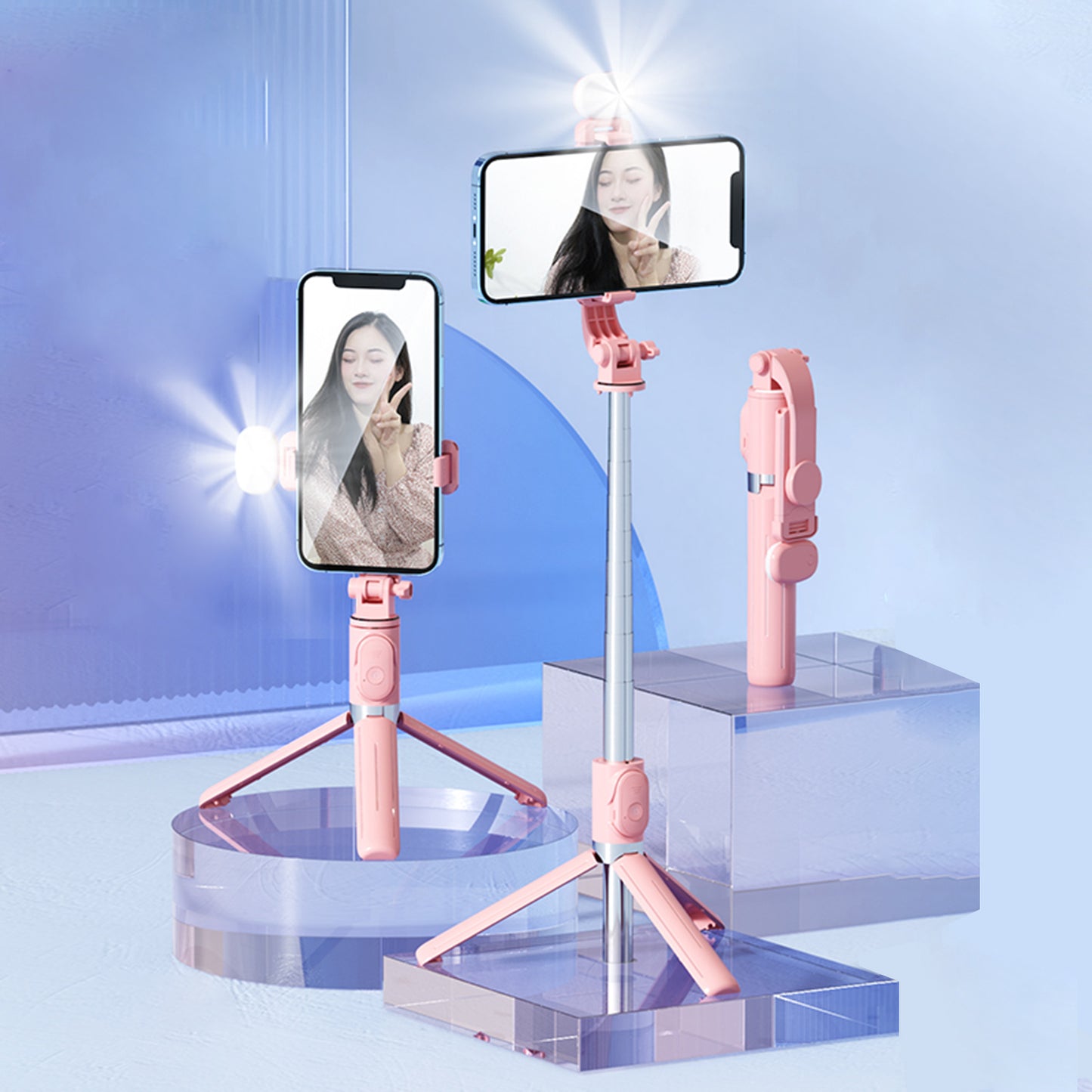Z8S 103cm 2 in 1 Telescopic Wireless Bluetooth Selfie Stick Remote Control Folding Tripod with Fill Light - Pink