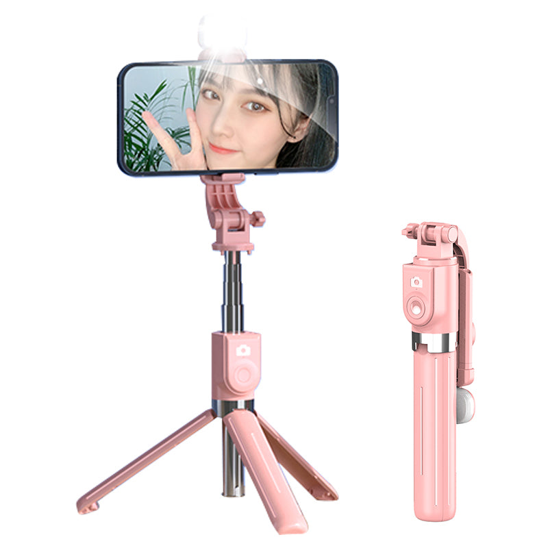 Z11S 103cm Portable Extendable Aluminum Pole Bluetooth Remote Control Phone Selfie Stick Photography Tripod with Fill Light - Pink