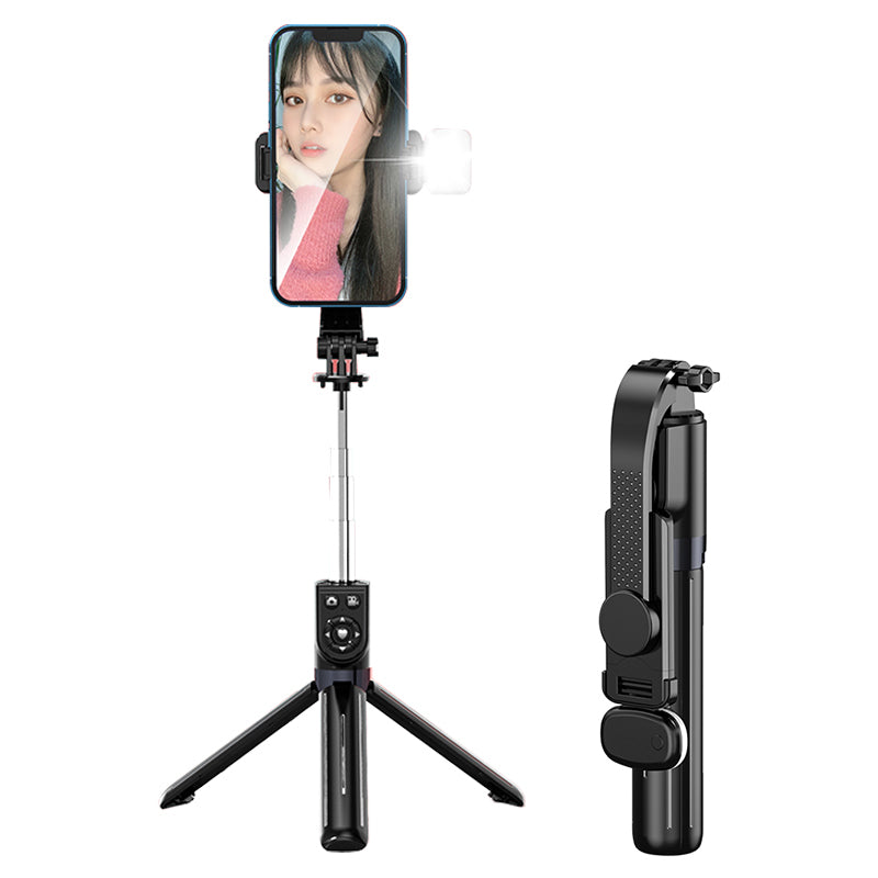 Z12S 105cm Mini Portable Extendable Bluetooth Remote Control Selfie Stick Phone Photography Tripod with Fill Light - Black