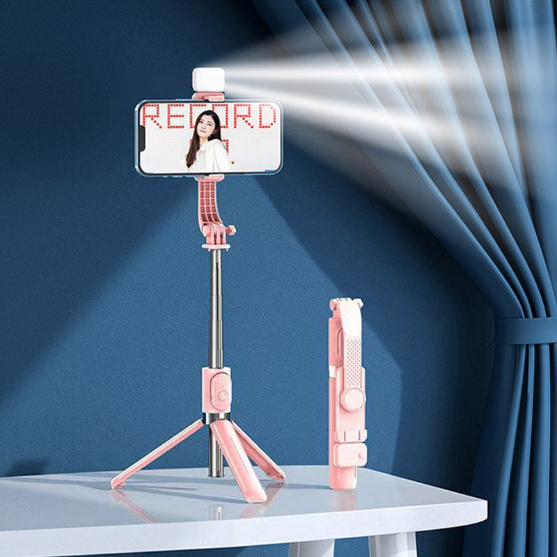 Z9S 105cm Extendable Wireless Bluetooth Remote Control Selfie Stick 360 Degrees Rotating Phone Live Streaming Bracket Tripod with Fill Light - Pink