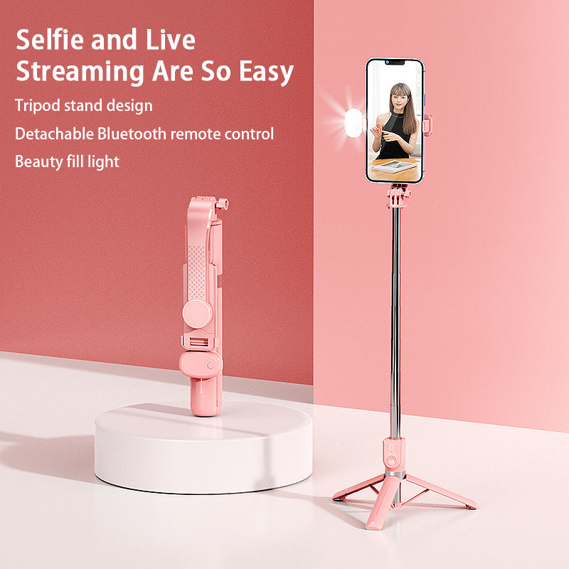 Z100S 100cm Foldable Extendable Selfie Stick Tripod Stand with Rechargeable Bluetooth Remote Control and LED Fill Light - Pink