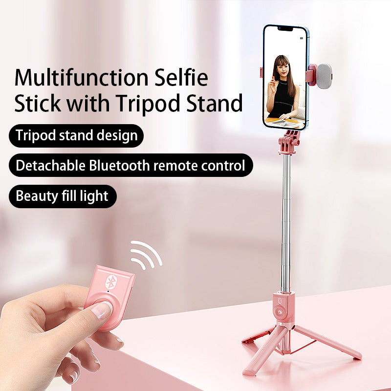 Z100S 100cm Foldable Extendable Selfie Stick Tripod Stand with Rechargeable Bluetooth Remote Control and LED Fill Light - Pink