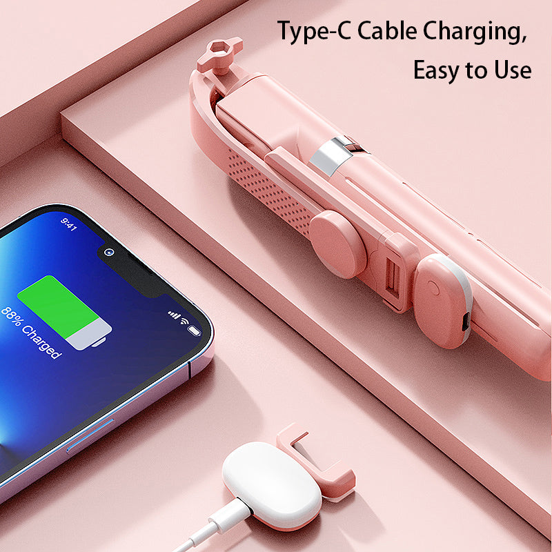 Z100S 100cm Foldable Extendable Selfie Stick Tripod Stand with Rechargeable Bluetooth Remote Control and LED Fill Light - Pink