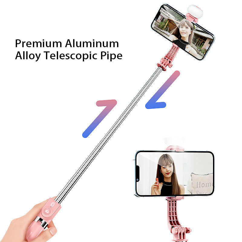 Z100S 100cm Foldable Extendable Selfie Stick Tripod Stand with Rechargeable Bluetooth Remote Control and LED Fill Light - Pink