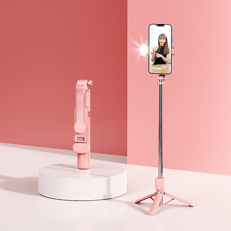 Z10SE Foldable Broadcasting Selfie Stick 100cm Extendable Tripod Stand LED Fill Light Phone Clip Holder with Rechargeable Bluetooth Remote Control - Pink