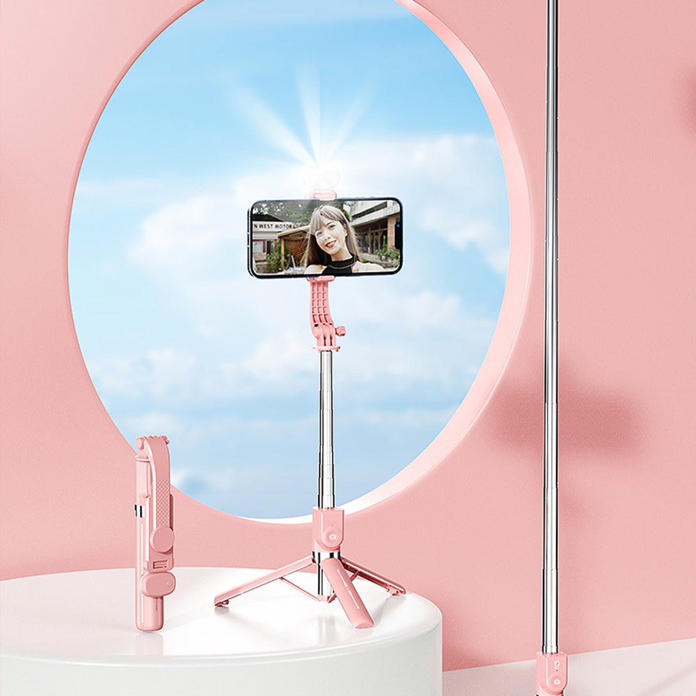 Z10SE Foldable Broadcasting Selfie Stick 100cm Extendable Tripod Stand LED Fill Light Phone Clip Holder with Rechargeable Bluetooth Remote Control - Pink