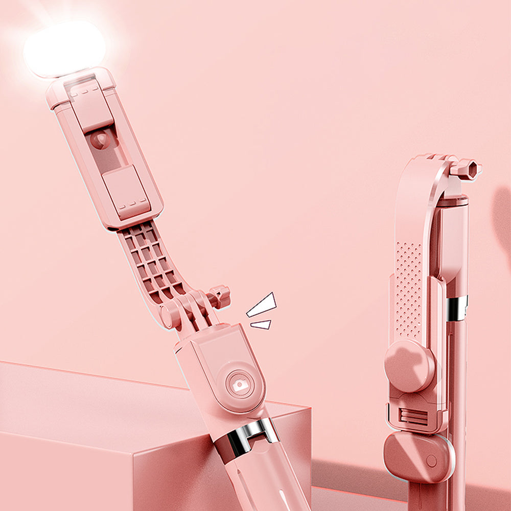 Z10SE Foldable Broadcasting Selfie Stick 100cm Extendable Tripod Stand LED Fill Light Phone Clip Holder with Rechargeable Bluetooth Remote Control - Pink