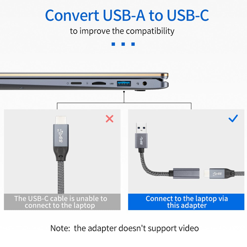 Portable USB-C Female to USB-A 3.0 Male Adapter Cable (Aluminum Alloy Plug + Braided Cable) - Grey