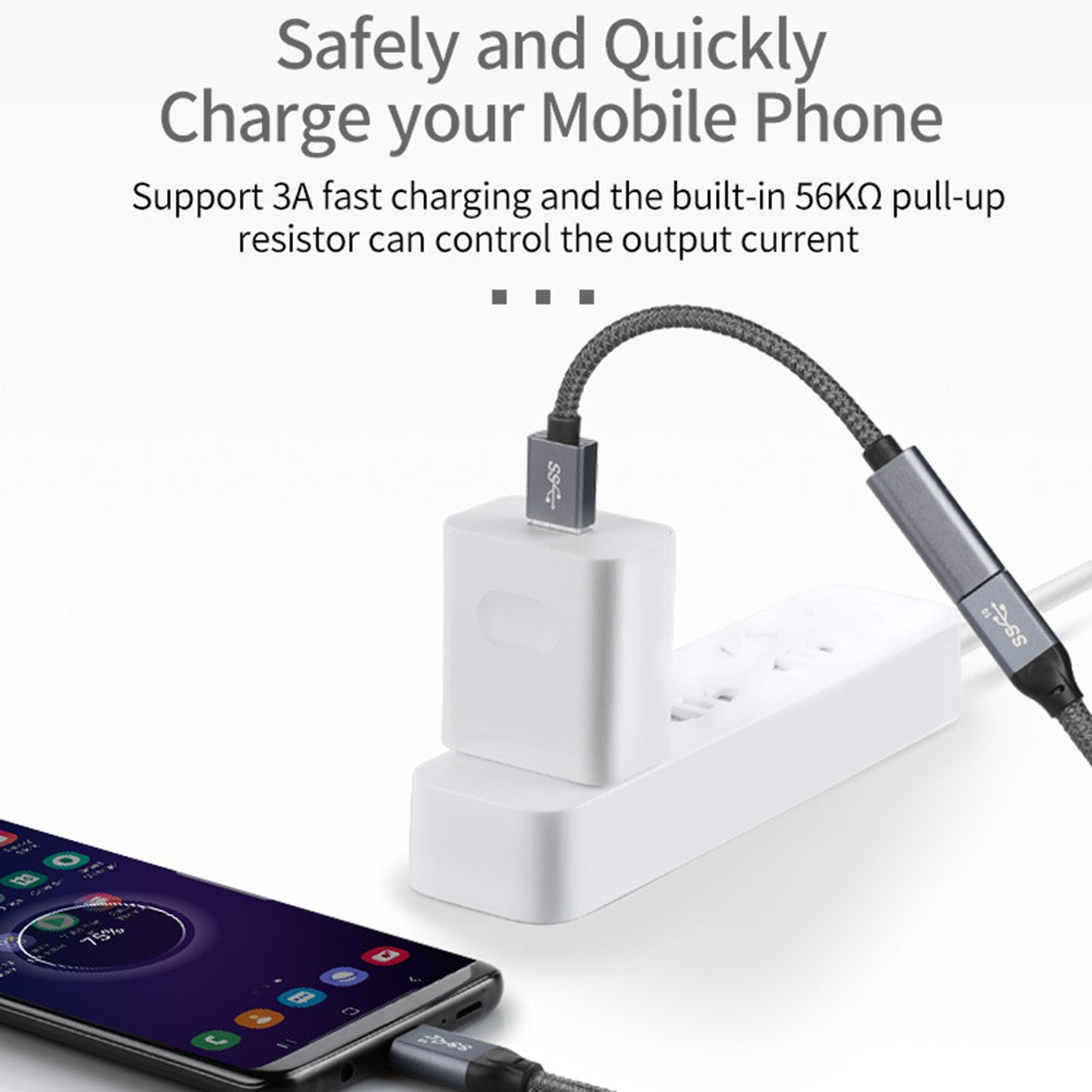 Portable USB-C Female to USB-A 3.0 Male Adapter Cable (Aluminum Alloy Plug + Braided Cable) - Grey