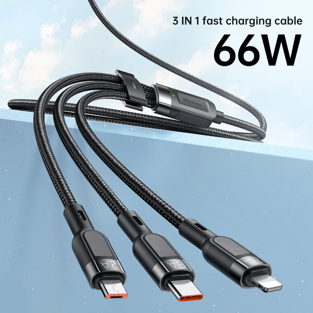 3 in 1 Super Fast Charging Cable High-speed Transmission Data Cable Flexible Braided Wire (L+M+T) - Black
