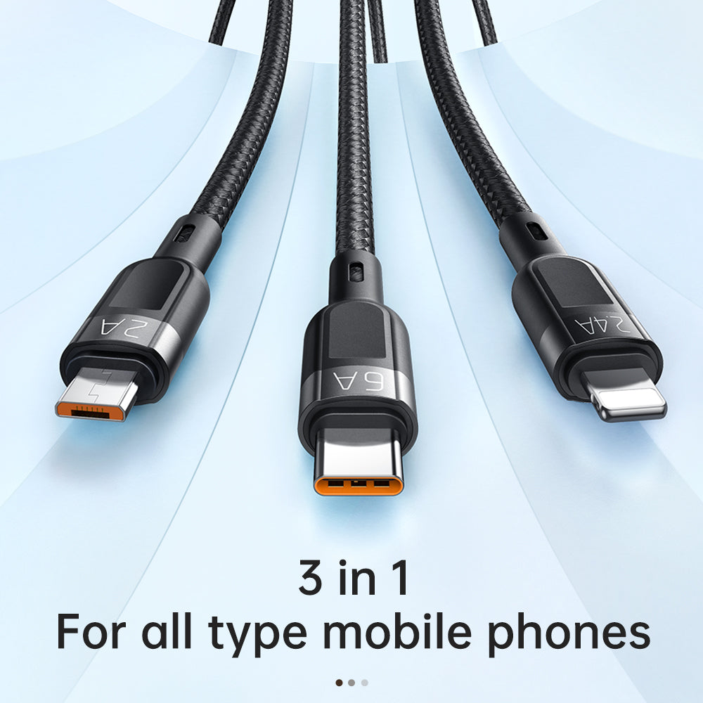 3 in 1 Super Fast Charging Cable High-speed Transmission Data Cable Flexible Braided Wire (L+M+T) - Black