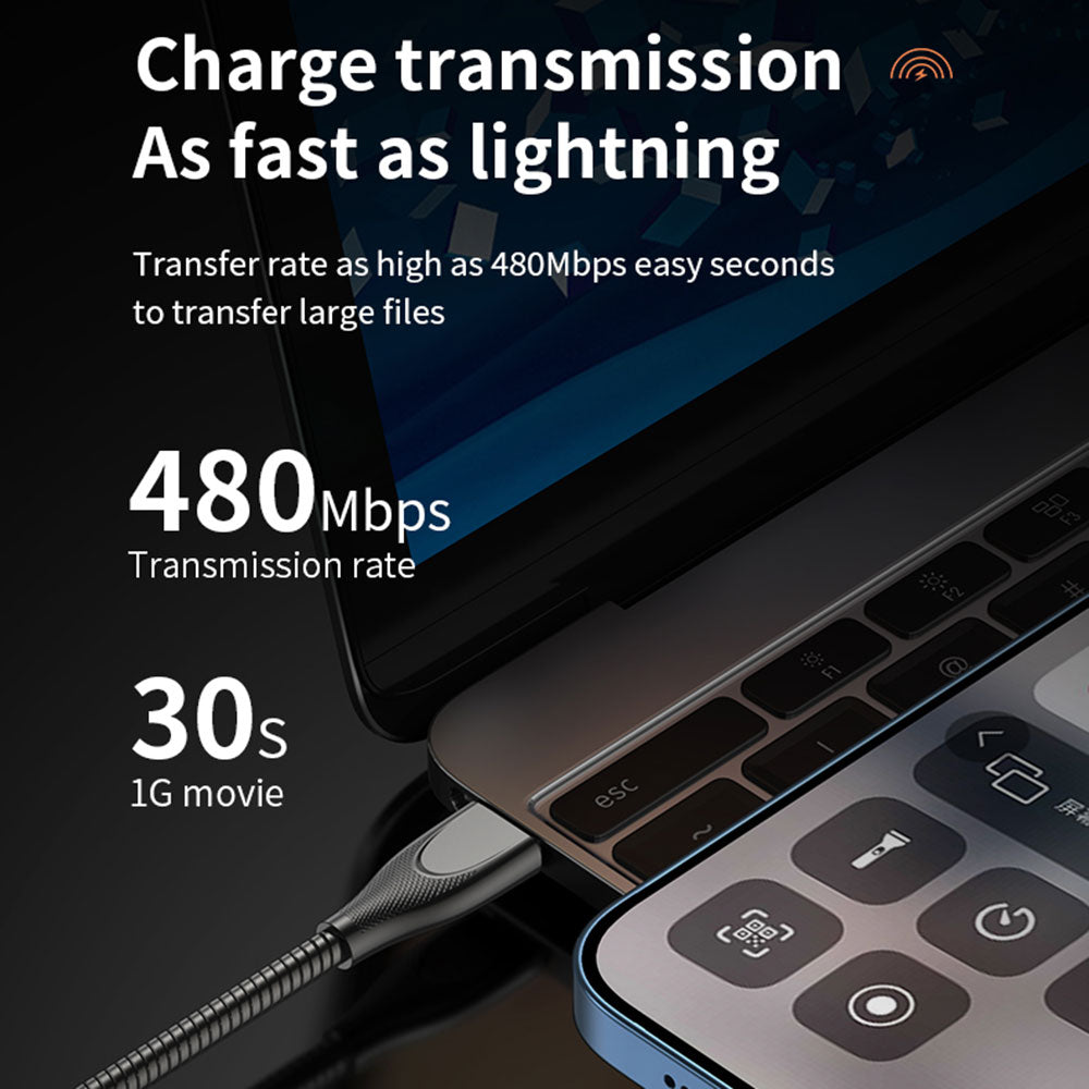 ADC-009 1m Type-C to Lightning 8 Pin Fast Charging Cable Zinc Alloy Flexible Cable Supports Data Transmission - Black