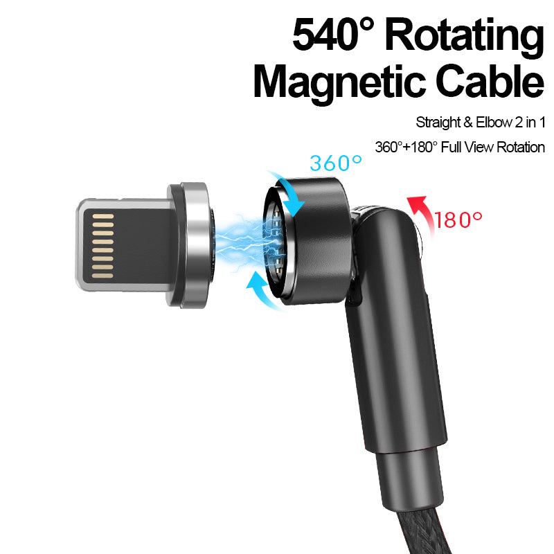 2m 540 Degrees Rotating Magnetic Fast Charging Cable Lightning Plug Braided Data Cord - Black