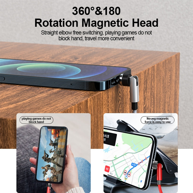 2m 540 Degrees Rotating Magnetic Fast Charging Cable Lightning Plug Braided Data Cord - Black